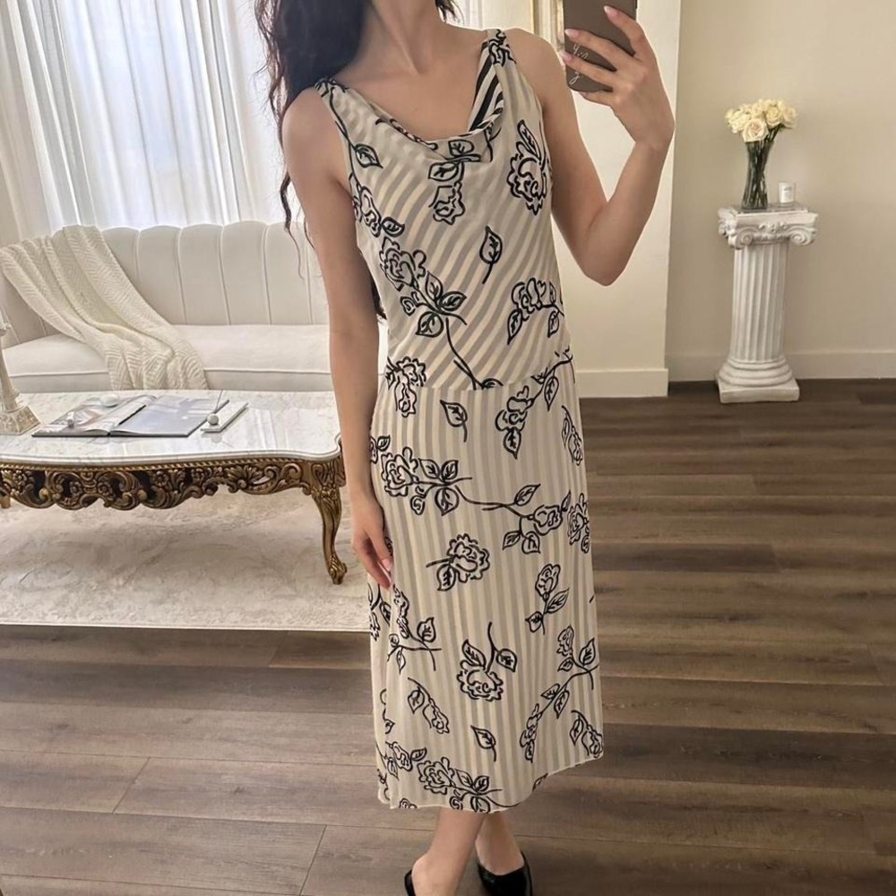 Vintage S Blassport Bill Blass Black and White Floral Striped Silk Midi Dress